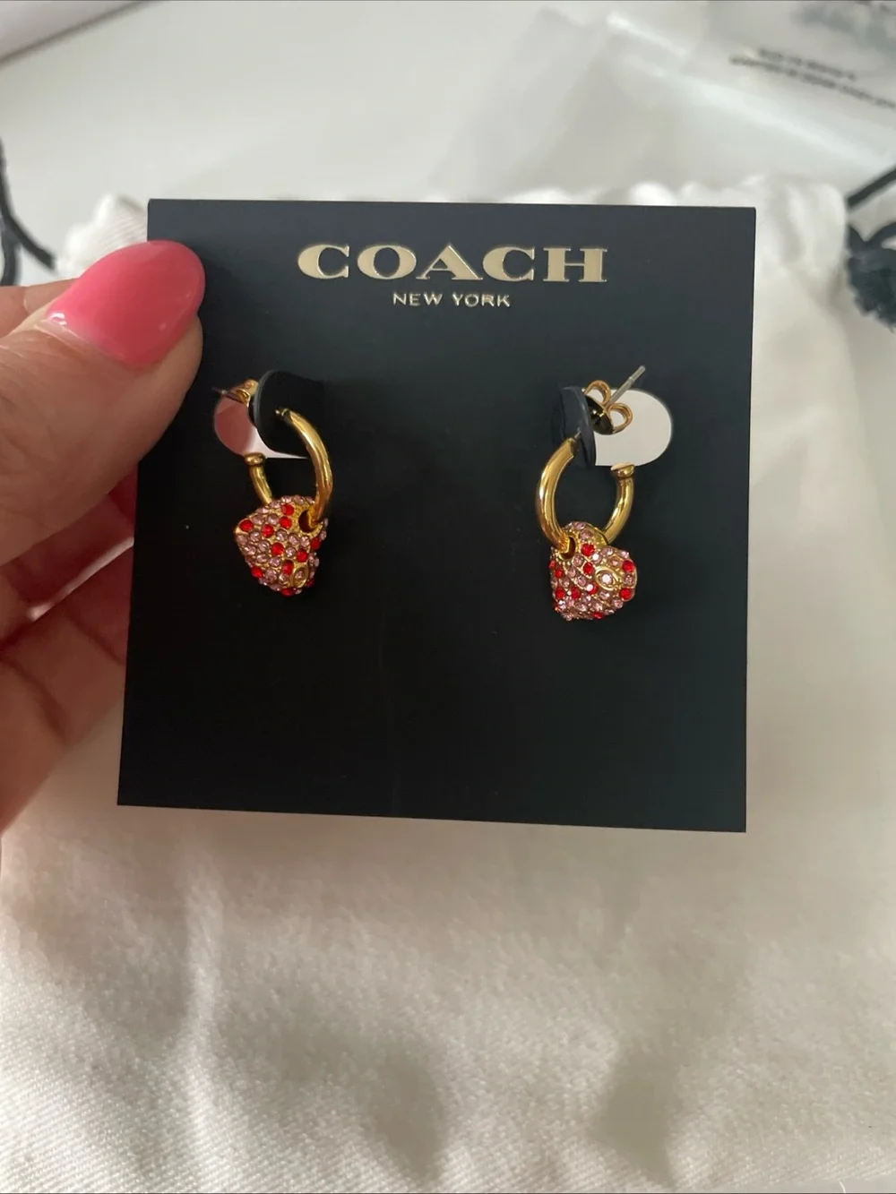 COACH Gold Hoop Earrings with Red Crystal Heart Charms